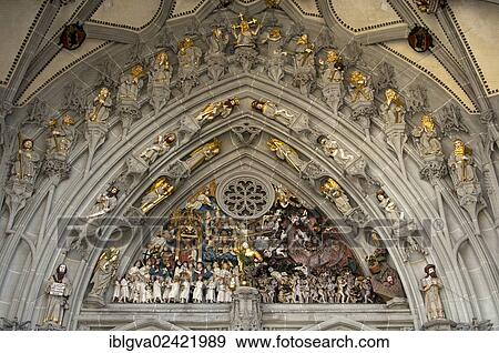 Stock Photo - Judgement Day at the main entrance of Bern Minster, Bern, Switzerland, Europe. Fotosearch