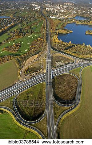 Picture - "Junction of the A59 motorway and the B288 highway, aerial view, Huckingen, Duisburg, Ruhr area, North Rhine-Westphalia, Germany, Europe". Fotosearch