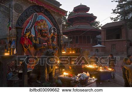 Stock Image - "Kaal Bhairav, the deiti of the Newar Tribe, at Durbar Square at night, Kathmandu, Kathmandu District, Bagmati Zone, Nepal, Asia". Fotosearch
