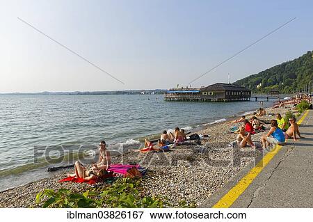 Stock Photo - "Kaiserstrand, beach on Lake Constance with the former military pool """"Mili"""", Bregenz, Vorarlberg, Austria, Europe". Fotosearch