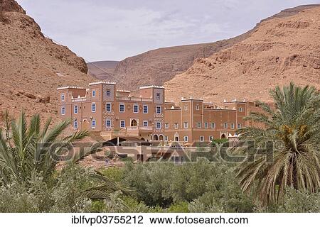 Stock Image - "Kasbah-style hotel, Todgha gorge, Zaouia-Sidi-Abdelali, Morocco, Africa". Fotosearch