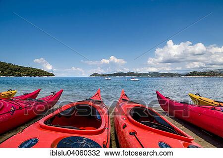 Stock Image - "Kayaks on the beach, Lopud Island, Elaphiti Islands, Adriatic, Dalmatia, Croatia, Europe". Fotosearch