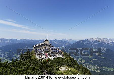 Stock Photograph - "Kehlsteinhaus or Eagle's Nest, Kehlstein Mountain, with Untersberg on the right, Berchtesgaden, Berchtesgadener Land, Upper Bavaria, Bavaria, Germany, Europe". Fotosearch