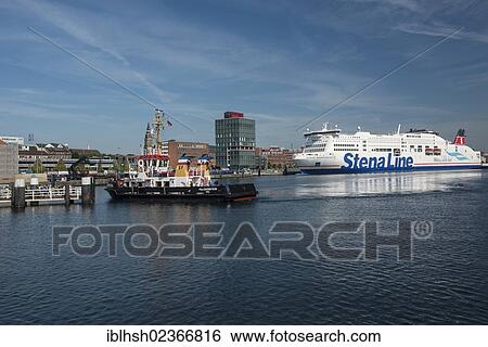 Stock Photograph - "Kiel Fjord on the harbour, ferry dock, Hafenhaus Kiel building and the Stena Line dock, international ferries, Kiel, Schleswig-Holstein, Germany, Europe, PublicGround, Europe". Fotosearch