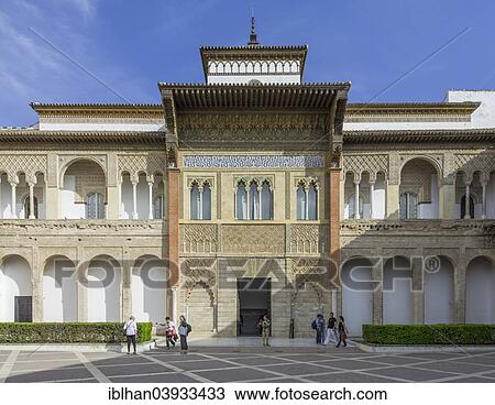 Stock Image - "King Peter's Palace from the Patio de la Monteria, Alcazar Palace, Seville, Andalusia, Spain, Europe". Fotosearch