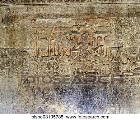 Stock Photography - "King Suryavarman II holding court, sandstone relief in the temple of Angkor Wat, UNESCO World Cultural Heritage Site, Siem Reap, Siem Reap Province, Cambodia, Asia". Fotosearch