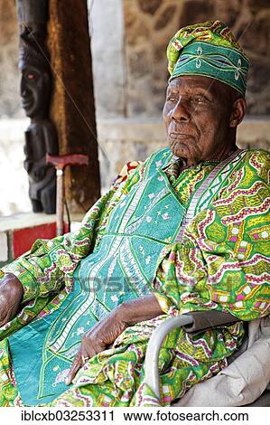 Stock Image - "King Yu Vincent, 92, wearing a traditional robe, Palace of Laikom, Laikom, Northwest Region, Cameroon, Africa". Fotosearch
