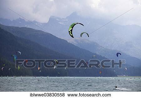 Stock Photo - "Kitesurfers, Lake Silvaplana, Engadine Lakes, Piz de la Margna, Silvaplana, Upper Engadin, Canton of Graubunden, Switzerland, Europe". Fotosearch