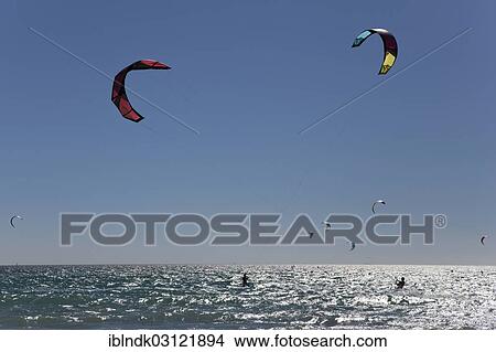 Picture - "Kitesurfers, Rio de la Jara, Tarifa, Cadiz province, Andalusia, Spain, Europe". Fotosearch