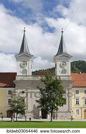 Stock Photograph - "Kloster Tegernsee Abbey with the church of St. Quirinus, a former Benedictine abbey, Tegernsee, Upper Bavaria, Bavaria, Germany, Europe". Fotosearch