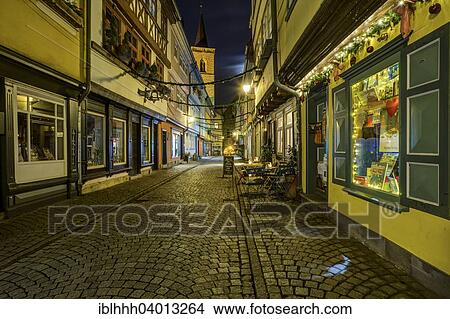 Picture - "Kramerbrucke in the evening, Erfurt, Thuringia, Germany, Europe". Fotosearch