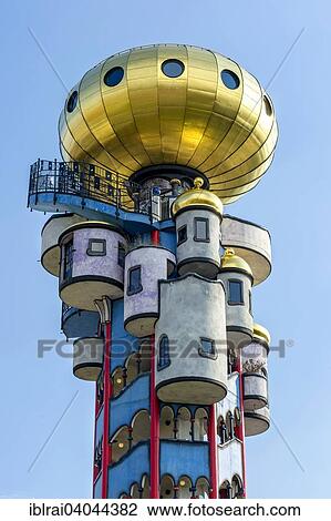 "Kuchlbauer Tower, also Hundertwasser Tower by Friedensreich Hundertwasser and Peter Pelican in the beer garden of the Kuchlbauer brewery, Kuchlbauer's World of Beer, Abensberg, Lower Bavaria, Bavaria, Germany, Europe" View Large Photo Image Stock Image - "Kuchlbauer Tower, also Hundertwasser Tower by Friedensreich Hundertwasser and Peter Pelican in the beer garden of the Kuchlbauer brewery, Kuchlbauer's World of Beer, Abensberg, Lower Bavaria, Bavaria, Germany, Europe". Fotosearch
