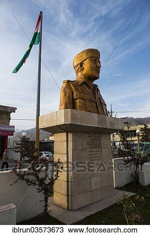 Stock Image - "Kurdish golden hero statue in the old walled city of Amadiya, Amadiya, Iraqi Kurdistan, Iraq, Asia". Fotosearch