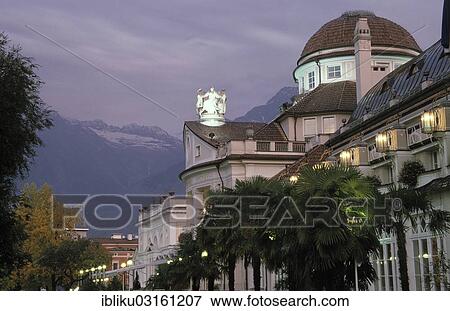 "Kurhaus of Meran, former spa building, Texel Group at back, Meran, South Tyrol province, Trentino-Alto Adige, Italy, Europe" View Large Photo Image Stock Photo - "Kurhaus of Meran, former spa building, Texel Group at back, Meran, South Tyrol province, Trentino-Alto Adige, Italy, Europe". Fotosearch