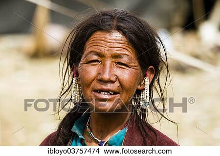 Picture - "Ladakhi nomad woman, portrait, Leh, Ladakh, Jammu and Kashmir, India, Asia". Fotosearch