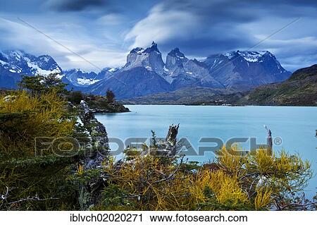 Stock Image - "Lake Pehoe with the Cuernos del Paine Mountains, Torres del Paine National Park, Patagonia, Chile, South America". Fotosearch