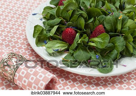 "Lamb's lettuce with strawberries and flower petals served on a plate, napkin" View Large Photo Image Picture - "Lamb's lettuce with strawberries and flower petals served on a plate, napkin". Fotosearch