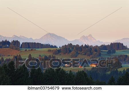 Stock Photo - "Landscape in the Alpine Foreland, morning mood with fog, Schonberg, Rottenbuch, Pfaffenwinkel region, Upper Bavaria, Bavaria, Germany, Europe". Fotosearch