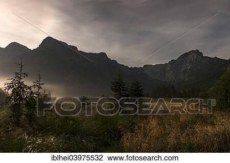 Stock Image - "Landscape in the moonlight, Elferkogel, Zwolferkogel, Einserkogel, Totes Gebirge, Almtal, Austria, Europe". Fotosearch