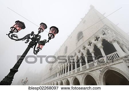 Stock Photo - "Lantern, Doge's Palace, Palazzo Ducale in the fog, Piazzetta San Marco, St. Mark's Square, Venice, Venezia, Veneto, Italy, Europe". Fotosearch