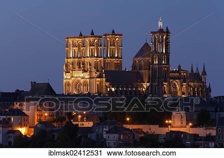 Stock Image - Laon Cathedral at dusk, historic district, Laon, Via Francigena, an ancient road from France to Rome, department of Aisne, Picardy region, France, Europe. Fotosearch