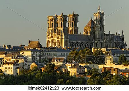 Stock Image - Laon Cathedral in the evening light, historic district, Laon, Via Francigena, an ancient road from France to Rome, department of Aisne, Picardy region, France, Europe. Fotosearch