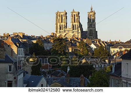 Stock Image - Laon Cathedral in the evening light, historic district, Laon, Via Francigena, an ancient road from France to Rome, department of Aisne, Picardy region, France, Europe. Fotosearch