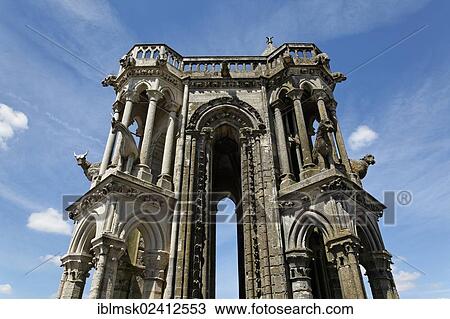 Stock Image - Laon Cathedral, northern tower of the westwork with statues of oxen, Laon, Via Francigena, an ancient road from France to Rome, department of Aisne, Picardy region, France, Europe. Fotosearch