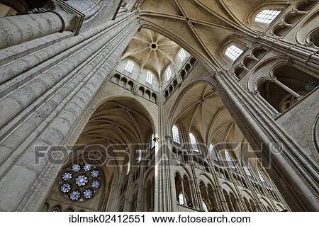 Stock Image - Laon Cathedral, pillars and the dome over the transept, Laon, Via Francigena, an ancient road from France to Rome, department of Aisne, Picardy region, France, Europe. Fotosearch