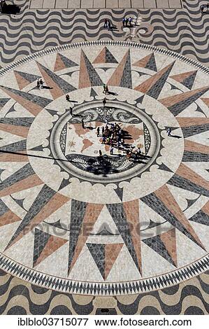 "Large compass in the paving in front of the Monumento a Los Descubrimientos, Monument to the Discoveries, Belem, Lisbon, Lisbon District, Portugal, Europe" View Large Photo Image Stock Photo - "Large compass in the paving in front of the Monumento a Los Descubrimientos, Monument to the Discoveries, Belem, Lisbon, Lisbon District, Portugal, Europe". Fotosearch