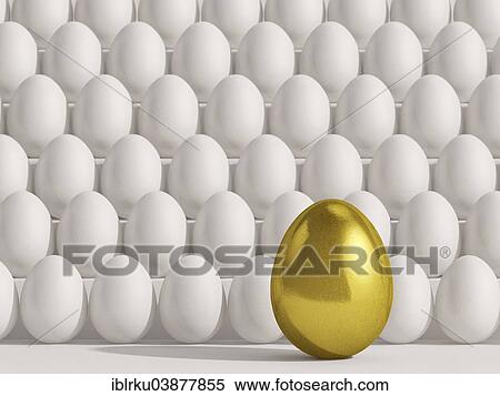 Stock Photography - Large golden egg in front of white eggs. Fotosearch