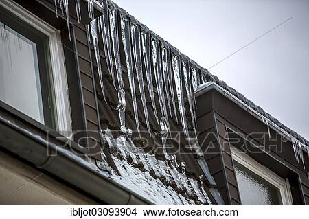 Picture - "Large icicles hanging from the eaves of a house, sign of a poorly heat-insulated roof, Essen, North Rhine-Westphalia, Germany, Europe". Fotosearch