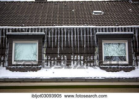 "Large icicles hanging from the eaves of a house, sign of a poorly heat-insulated roof, Essen, North Rhine-Westphalia, Germany, Europe" View Large Photo Image Stock Photography - "Large icicles hanging from the eaves of a house, sign of a poorly heat-insulated roof, Essen, North Rhine-Westphalia, Germany, Europe". Fotosearch