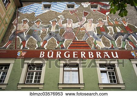 Stock Image - "Large wall fresco from 1960 by the artist Arno Wothe, on the facade of the """"Buergerbraeu"""" brewery inn, Bad Reichenhall, Berchtesgadener Land District, Upper Bavaria, Bavaria, Germany, Europe". Fotosearch