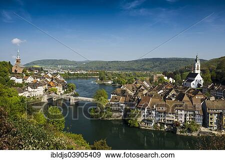 Stock Photo - "Laufenburg Baden, left, and Laufenburg Switzerland, right, High Rhine, Baden-Wurttemberg, Germany, Europe". Fotosearch