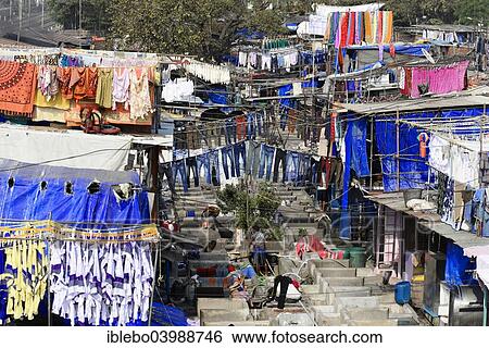 Stock Photograph - "Laundry drying, Dhobi Ghat washing quarter, Mumbai, Maharashtra, India, Asia". Fotosearch
