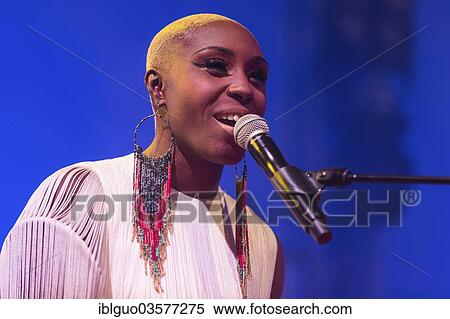 Stock Photography - "Laura Mvula, British soul and pop singer, live at the Blue Balls Festival, Luzerner Saal hall in the KKL venue, Luzern, Canton of Lucerne, Switzerland, Europe". Fotosearch