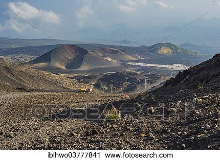 Stock Image - "Lava fields, craters and cable car, south side, Mount Etna in Zafferana, Sicily, Italy, Europe". Fotosearch