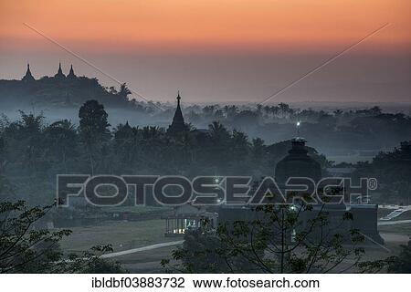 Stock Image - "Laymyetnta Pagoda or Temple at twilight, blue hour, Mrauk U, Sittwe District, Rakhine State, Myanmar, Asia". Fotosearch