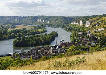 Stock Photography - "Les Andelys with the Seine River and the island Ile du Chateau, view from Chateau Gaillard castle, Departement Eure, Upper Normandy, France, Europe". Fotosearch