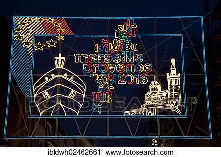 Stock Image - "Lichtwochen light display to the theme of Europe in Essen with France as the host country, Essen, Ruhr area, North Rhine-Westphalia, Germany, Europe, PublicGround, Europe". Fotosearch