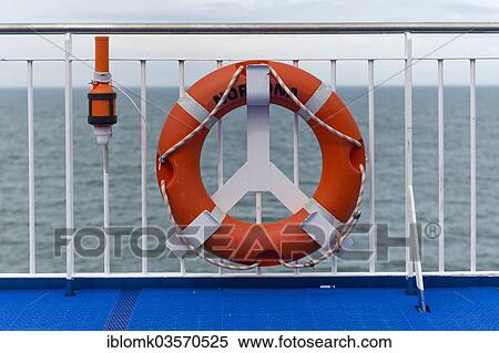 Stock Photography - "Lifebuoy on the railing on the Norrona ferry, North Sea, Denmark, Europe". Fotosearch