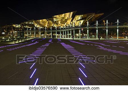 Stock Image - "Light installation and new roof of the metro station at Placa de les Glories Catalanes Square, Barcelona, Catalonia, Spain, Europe". Fotosearch