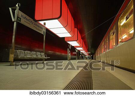 Stock Image - "Light installation in the subway station """"HafenCity University"""" of the Hamburg underground line U4, operator and developer is the Hamburger Hochbahn AG, Hamburg, Hamburg, Hamburg, Germany, Europe". Fotosearch