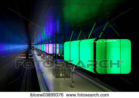Stock Photograph - "Light installation in the U-Bahn HafenCity Universitat subway station, U4 subway line, HafenCity, Hamburg, Germany, Europe". Fotosearch