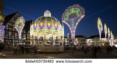Stock Image - "Light sculptures in the market square, """"Festa Italiana"""" Italian festival, Unna, Ruhr district, North Rhine-Westphalia, Germany, Europe". Fotosearch