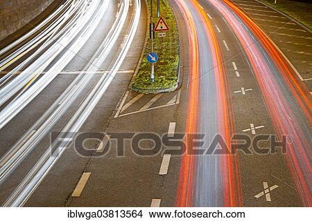 Picture - "Light trails, rush hour, Cologne, North Rhine-Westphalia, Germany, Europe". Fotosearch