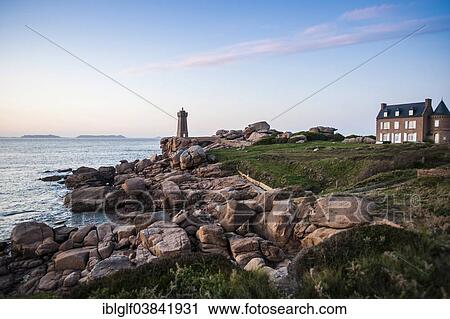 Stock Image - "Lighthouse and house, Cote de Granit Rose, Ploumanach, Ploumanacâ€™h, Brittany, France, Europe". Fotosearch