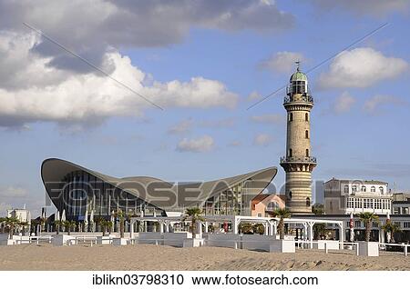 Stock Image - "Lighthouse and the Teepott restaurant, Warnemunde, Mecklenburg-Western Pomerania, Germany, Europe". Fotosearch