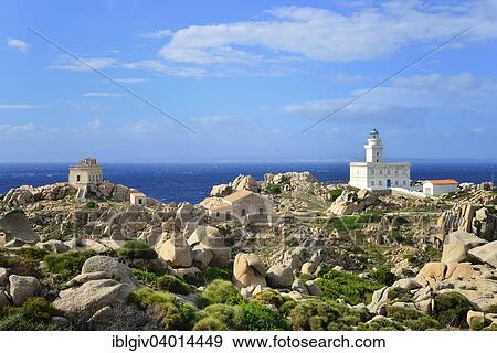 Stock Photo - "Lighthouse at the cape, Corsica on the horizon, Capo Testa, Province of Olbia-Tempio, Sardinia, Italy, Europe". Fotosearch